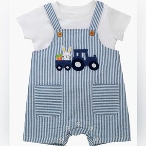 NEW Baby Starters Striped Blue Kids Overalls with Bunny and Tractor Design